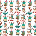 Cute Merry Christmas Animal pattern: birds, bear, deer, cat. Colorful animals wearing warm winter clothes. Cartoon repeating tile.